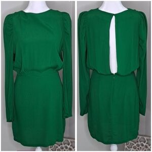 NWT H&M Green Dress Patterned Crepe Open Back Tie Long Sleeves Sz 4 (S-M)
